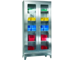 Edelstahl-Vitrinenschrank, 2-türig, 4 Einlegeböden, Mit Füßen, B 1000 X T 400 X H 1950 Mm