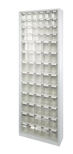 Magazinschrank, Volumen 333 L, 69 Herausnehmbare Klappkästen Mit Griffmulde, B 665 X T 250 X H 2000 Mm, Lichtgrau/transparent -Lager und Betriebslager magazinschrank volumen 333 l 69 herausnehmbare klappkaesten mit griffmulde b 665 x t 250 x h 2000 mm lichtgrau transparent img SI 463860 I cut
