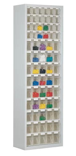 Magazinschrank, Volumen 333 L, 69 Herausnehmbare Klappkästen Mit Griffmulde, B 665 X T 250 X H 2000 Mm, Lichtgrau/transparent