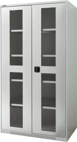 Schäfer Shop Genius Flügeltürenschrank FS, Stahl, Sichtfenster, Lüftungslöcher, B 1055 X T 620 X H 1950 Mm, 5 OH, Lichtgrau/Lichtgrau, Bis 500 Kg