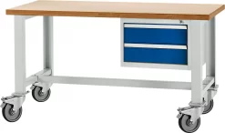 Schäfer Shop Select Werkbank, Mobil, Unterbau, 2 Schübe & Zentralverschluss, Bis 200 Kg, B 1500 X T 700 X H 835 Mm, L.grau RAL 7035/enz.blau RAL 5010