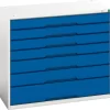 Schubladenschrank Bott Verso, 7 Schübe, Bis 75 Kg Je Schub, Vollauszug, B 1050 X T 550 X H 900 Mm, Stahlblech, Grau-Blau