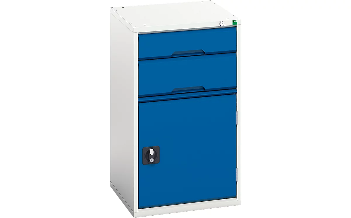 Schubladenschrank Bott Verso, Mit Flügeltür, 2 Schubladen, Einzelauszug, Fachboden, B 525 X T 550 X H 900, Stahlblech, Grau-Blau 1 Schubladenschrank Bott Verso, Mit Flügeltür, 2 Schubladen, Einzelauszug, Fachboden, B 525 X T 550 X H 900, Stahlblech, Grau-Blau
