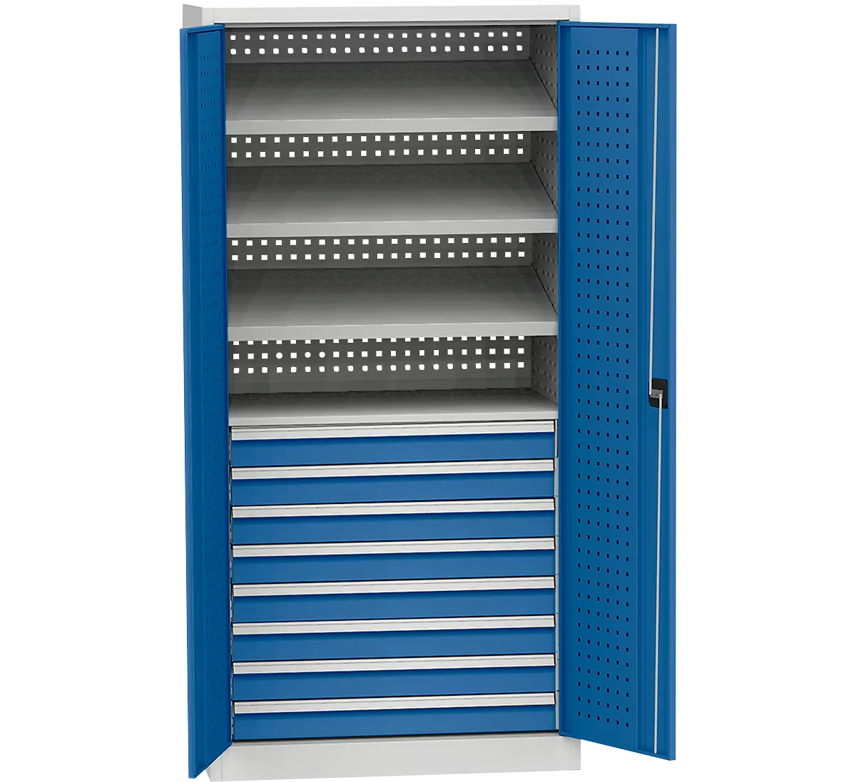 Schwerlastschrank, 4 Fachböden, 8 Schubladen, Tragkraft Pro Fachboden 40 Kg 1 Schwerlastschrank, 4 Fachböden, 8 Schubladen, Tragkraft Pro Fachboden 40 Kg