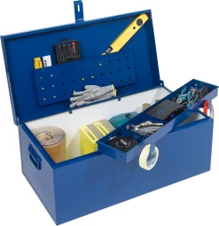 Transportkiste, Dokumentenfach, Herausnehmbares Werkzeugfach, L 830 X B 440 X H 340 Mm, Stahlblech, RAL 5010 -Lager und Betriebslager transportkiste dokumentenfach herausnehmbares werkzeugfach l 830 x b 440 x h 340 mm stahlblech ral 5010 img SI 883422 E cut