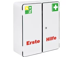 Verbandschrank ROM, DIN 13169, 2-türig, Abschließbar, 2 Böden, 2 Schübe, 6 Ablageschalen & 2 Schlüssel, Befüllt, Stahlbl.