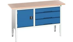 Werkbank Bott Verso, Bis Zu 600 Kg, 3 Schubladen & 1 Tür, B 1500 X T 600 X H 930 Mm, Buche Multiplex, Stahl, Grau