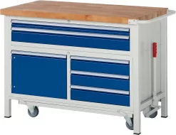 Werkbank Serie 8922, Absenkbar, 5 Schubladen, 1 Fachboden Mit Tür, B 1250 X T 700 X H 880 Mm