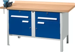 Werkbank Set PW 150-0, B 1500 Mm, 2 Schübe, 2 Schränke, Zentralverschl., Mit Schraubstock, Lichtgrau/enzianblau
