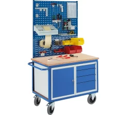 Werkbankwagen Profi, 1 Schrank, 4 Schubladen, 2 Lochmodulplatten, 1 Schlitzmodulplatte
