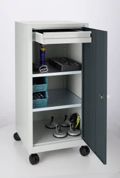 Werkzeugschrank Mit Rollen, Flügeltür, 2 Böden, 1 Schub, B 500 X T 500 X H 1000 Mm, Abschließbar, Weißaluminium -Lager und Betriebslager werkzeugschrank mit rollen fluegeltuer 2 boeden 1 schub b 500 x t 500 x h 1000 mm abschliessbar img SI 156643 C cut
